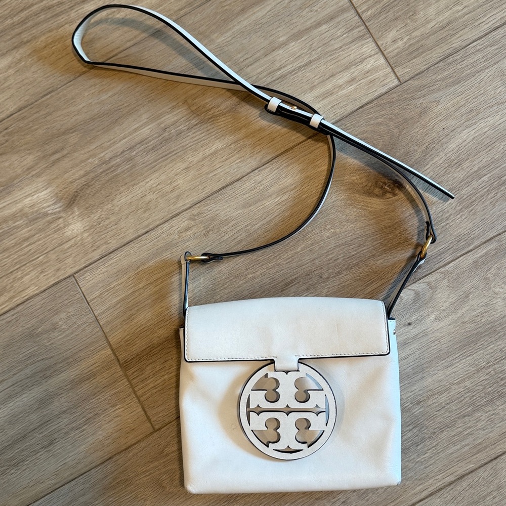 TORY BURCH White Leather CrossBody Messenger Classic Signature Logo Purse